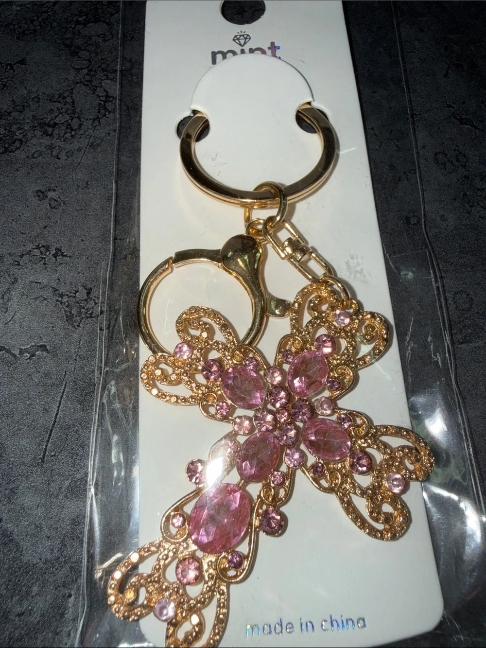 Mint Gold-Tone Keychain with Pink Jeweled Butterfly Charm